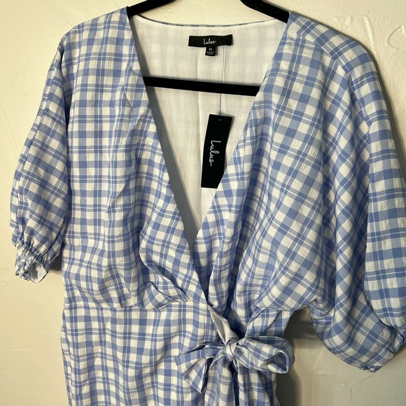 Lulus Coquette Blue and White Plaid Puff Sleeve Wrap Mini Dress XL - Picture 5 of 10